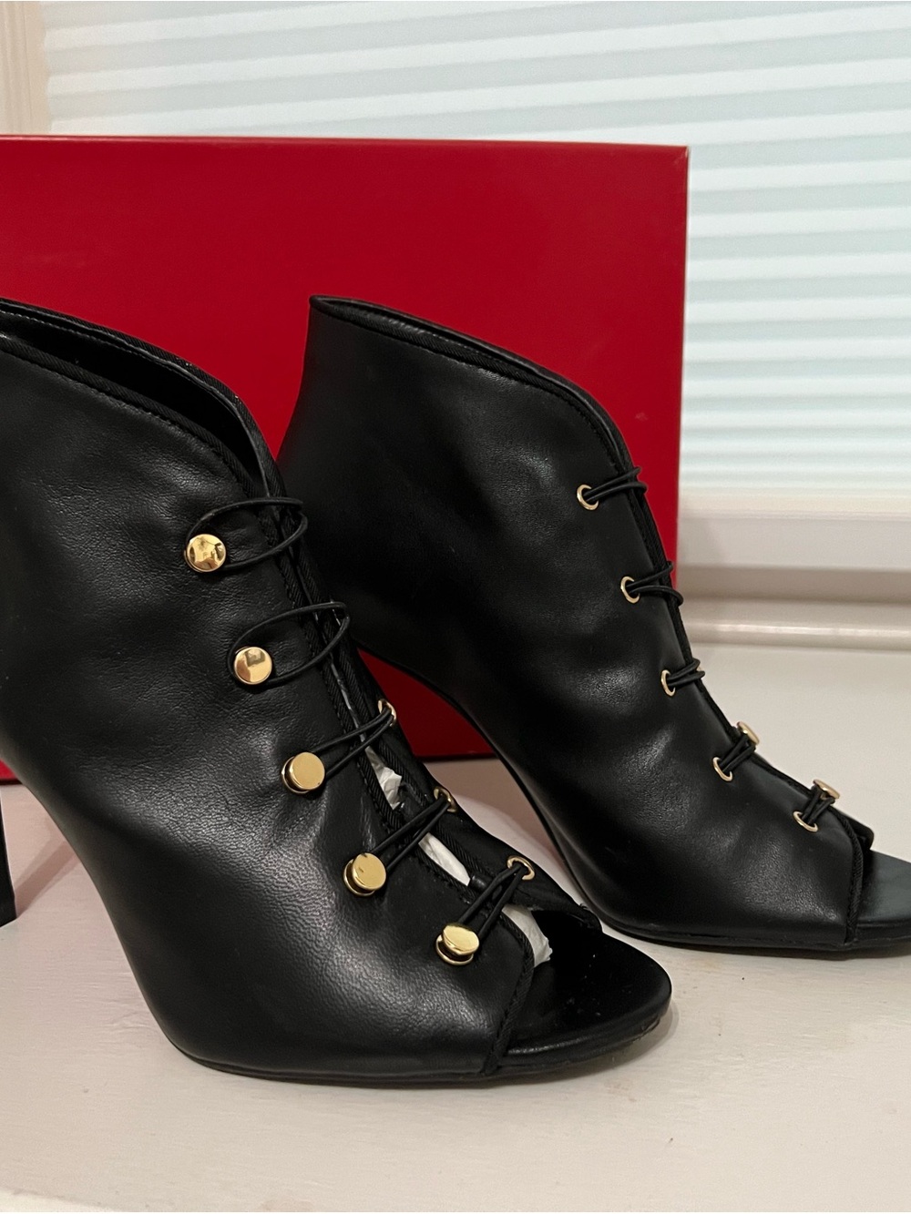 Enzo Angiolini Black Lace-Up Open-Toe Ankle Heels with Gold Accents